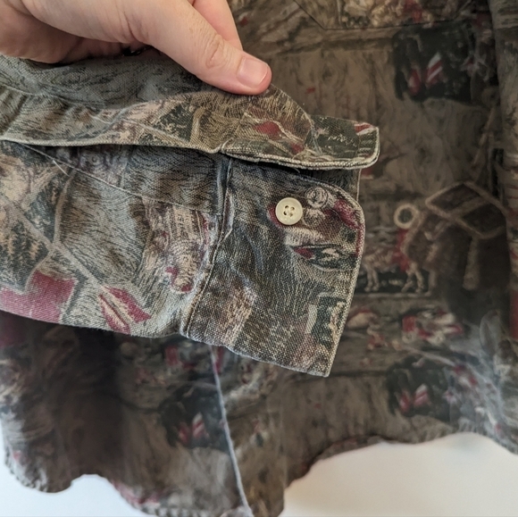 Vintage Eddie Bauer Canvas Hunter Western Pioneer Print Button Down Shirt - Picture 10 of 14